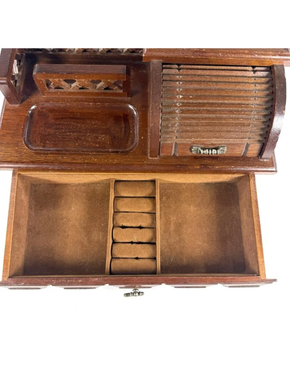 Vintage Men's Dresser Top Wooden Valet Jewelry Box Roll-Top Change Tray